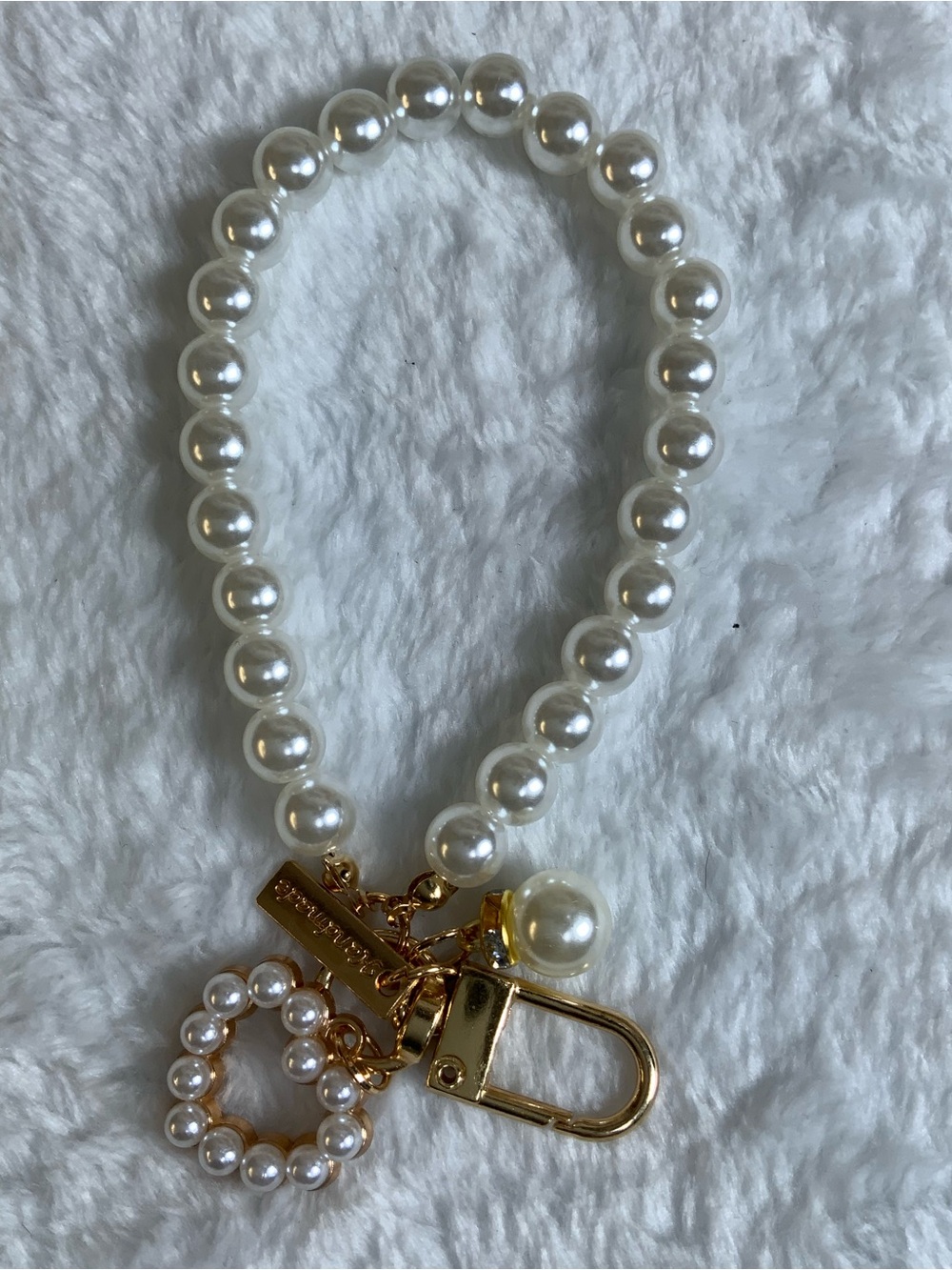 Pearl Beaded Bracelet Keychain with Gold Hardware